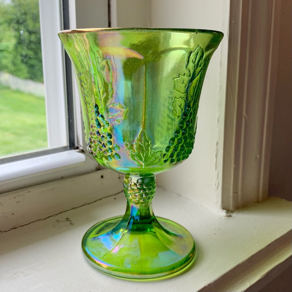 Vintage Iridescent Green Carnival Glass Goblet